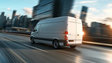 Fototapete - Delivery van driving on a highway in the city at sunrise, symbolizing urban logistics, transportation, and fast shipping solutions, Generative AI