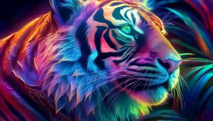  Vibrant Neon Tiger Portrait - Digital Art with Glowing Colors and Details