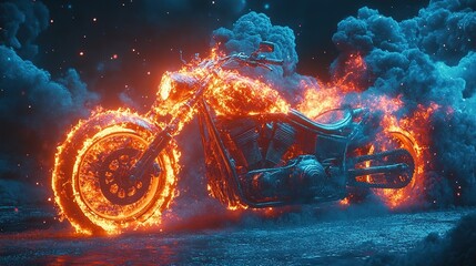 Flaming motorcycle ignition night scene digital artwork urban environment dramatic viewpoint fire concept