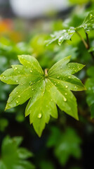 Aufkleber - Verdant leaf glistening with rain droplets, reflecting sunlight and showcasing natural moisture-laden botanical detail