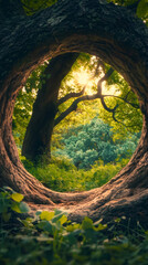Aufkleber - Lush green forest landscape seen through a circular hole in a large tree trunk, illuminated by golden sunlight