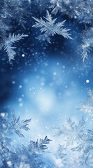 Poster - Delicate frost patterns spreading across windowpane, soft blue glow illuminating falling snowflakes in serene winter landscape