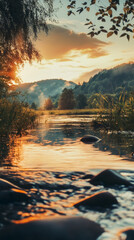 Poster - Warm orange sunset glistening on tranquil river surface, winding between tree-lined hills in peaceful landscape