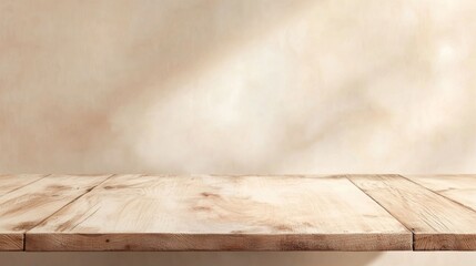 Wall Mural - Empty Light Beige Wooden Tabletop Against Wall