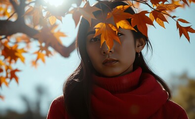 A portrait of an east asian woman under a tree with bright orange and yellow autumn leaves East Asian china japan japanese asian korea korean taiwan east asia singapore singaporean chinese taiwanese h