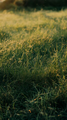 Aufkleber - Verdant meadow glowing under soft golden light, casting peaceful ambiance across natural landscape