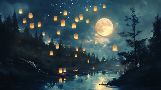 Celestial moonlit dreamland with floating lanterns. Enchanted Floating Lanterns. Illustration