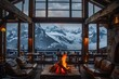 © Azadart - Cozy dining area with breathtaking mountain views and a warm fireplace in a snowy alpine retreat during winter
