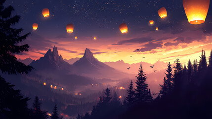 Wall Mural - Enchanted night glowing sky lanterns floating over twilight mountains landscape. Enchanted Floating Lanterns. Illustration