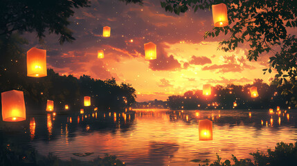 Wall Mural - Enchanted river sky lanterns: magical floating lights illuminate serene river at sunset. Enchanted Floating Lanterns. Illustration