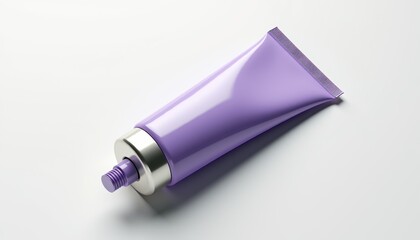 Aufkleber - Realistic squeeze tube mockup lying flat on a white background with soft diffused lighting, glossy purple packaging, minimalistic composition, branding-ready with copy space