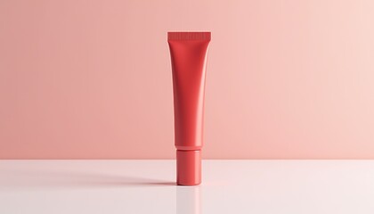 Poster - High-quality 3D render of lip gloss tube with matte red finish and matching cap, standing upright on reflective white surface with soft natural highlights, clean and modern design with copy space