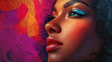 Wall Mural - Vibrant portrait of a woman with colorful makeup against artistic painted wall