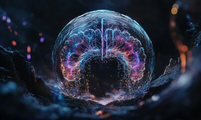 Wall Mural - abstract futuristic brain hologram surrounded by vibrant glowing neural connections, dark background