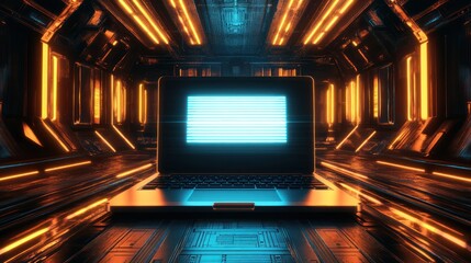 Wall Mural - Futuristic laptop, neon corridor, data display