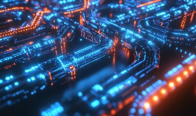 Digital visualization of a glowing blockchain network, intricate nodes connected by vibrant blue and orange lines, futuristic financial technology theme