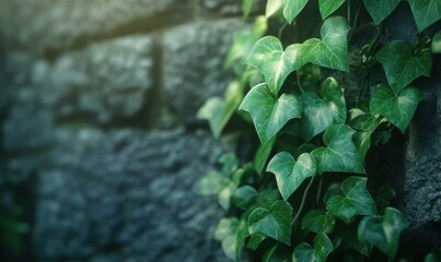Macro shot of green ivy leaves climbing a wall, soft natural lighting emphasizing their lush texture and vitality