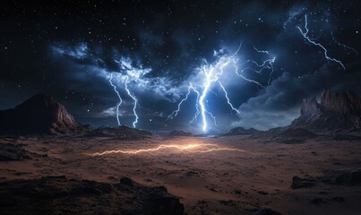 Sticker - Dramatic lightning storm over a sprawling desert landscape, with jagged bolts illuminating the darkened sky and sandy terrain.