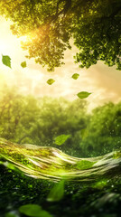 Aufkleber - Green leaves falling from a tree into a river waving in a sunny forest, creating a magical atmosphere