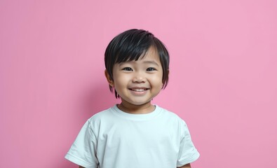 East asian toddler girl pink background wearing plain white tshirt smiling happy portrait East Asian china japan japanese asian korea korean taiwan east asia singapore singaporean chinese taiwanese ho