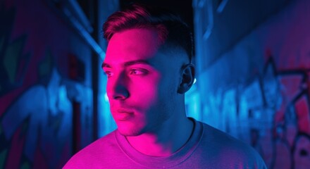 Wall Mural - Young caucasian male in neon alley with graffiti backdrop at night