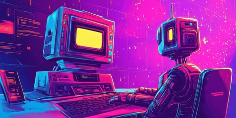 Retro robot works on a vintage computer in cyberspace