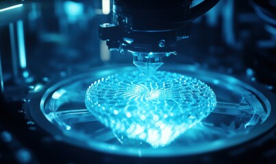 Close-up of a 3D printer in action, glowing blue light highlighting the intricate design being printed, advanced technology