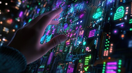 Wall Mural - Hand Interacting Futuristic Interface City Night