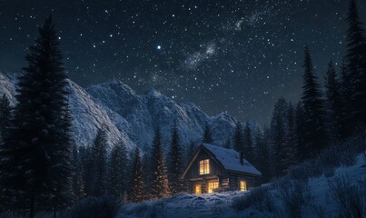 Wall Mural - Scenic mountain cabin with warm lights glowing from the windows, surrounded by tall pine trees under a clear starry sky