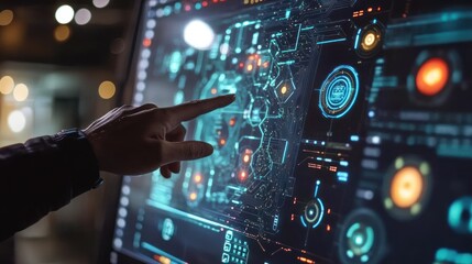 Futuristic interface data analysis, night office