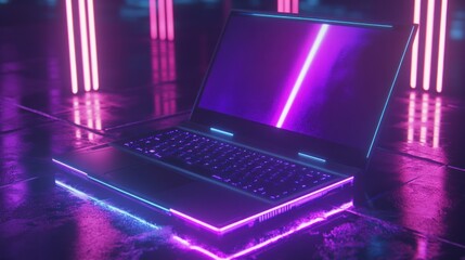 Wall Mural - Neon laptop, futuristic floor, cyber background