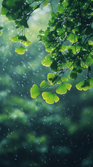Aufkleber - Rain droplets falling on vibrant green ginkgo biloba leaves, depicting serene botanical tranquility