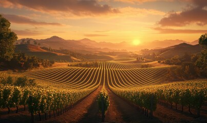 Wall Mural - Scenic vineyard stretching across rolling hills under a golden sunset, with rows of grapevines glowing in the evening light.