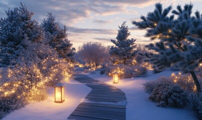 Wall Mural - Scenic winter landscape with snow-covered pine trees, softly glowing lanterns, and a wooden pathway