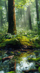 Aufkleber - Sunbeams illuminate lush green moss and ferns growing on a small mound in a tranquil forest pond, creating a serene and magical atmosphere