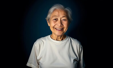 East asian elderly woman blue background wearing plain white tshirt smiling happy portrait East Asian china japan japanese asian korea korean taiwan east asia singapore singaporean chinese taiwanese h