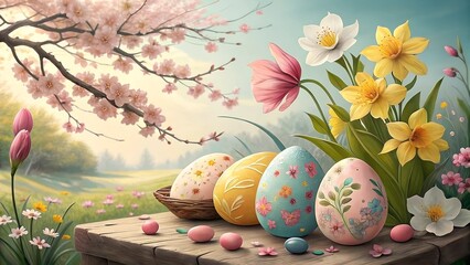 Wall Mural - easter still life with eggs and flowers