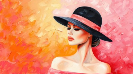 Wall Mural - A lovely girl dons a stylish hat in this stunning oil painting. Rich textures and brush strokes capture her beauty.