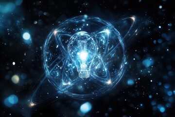 Wall Mural - glowing crystal light bulb surrounded by orbital rings of luminous energy, floating in dark space with ethereal blue connections