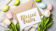 © sabyna75 - Festive easter greeting card with tulips and decorative eggs for holiday celebrations