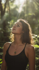 Aufkleber - Young woman basking in tropical forest sunlight, wearing black top and necklace, gazing upward through dappled tree canopy