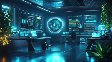 Futuristic control room filled with screens and glowing lights