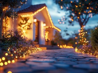 Wall Mural - Christmas lights on a house with glowing AR control display, cozy festive atmosphere, soft ambient lighting, photorealistic