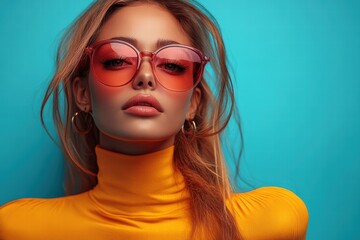 Wall Mural - Stylish model in vibrant yellow outfit showcasing trendy sunglasses against a blue background