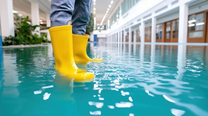 Close-up of a person wearing bright yellow rubber boots wading through floodwater inside a modern indoor space.