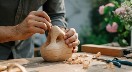 Male hands carving wooden sculpture in workshop with natural lighting and tools