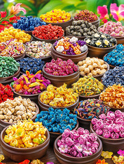 Sticker - Assorted colored popcorn fills numerous wooden bowls creating a vibrant and delightful culinary display with floral accents.