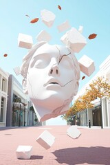 Wall Mural - a 3d render of a cracked, floating marble head amidst falling debris, set against a backdrop of a su