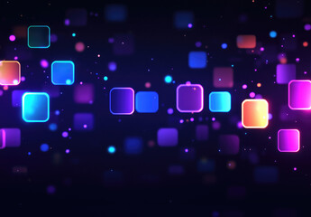 Wall Mural - abstract background with glowing colorful squares and particles on dark backdrop.