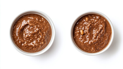 Wall Mural - Bowl with brown peanut sauce, side and top view, isolated on a white background.